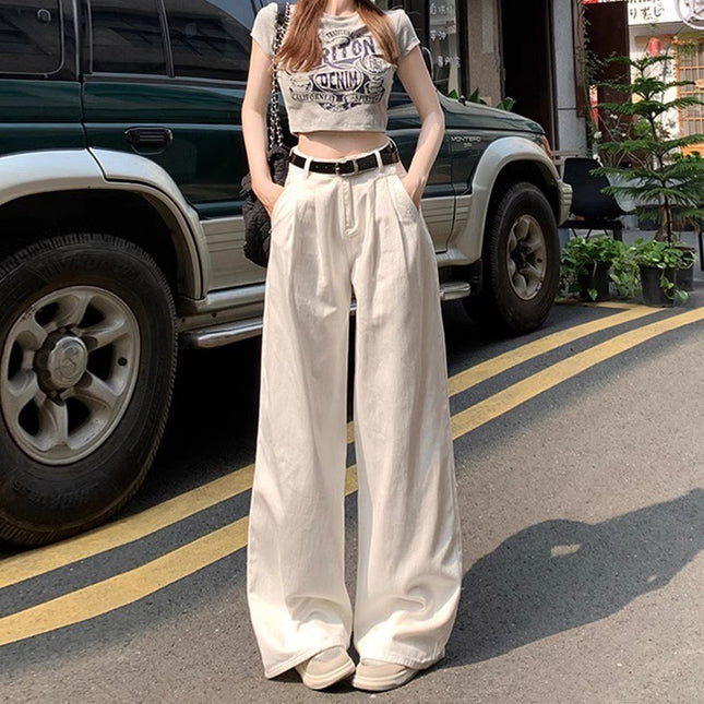 White Wide Leg Jeans Women's Trendy All-match New High Waist Slimming Pleated Lazy Drape Straight Trousers