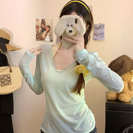 Beach Wear Sun Protection Blouse T-Shirt for Women 2025 Summer Thin Long-Sleeved Top with Suspender Two-Piece Set