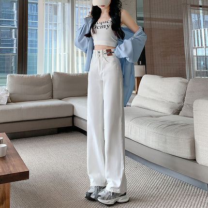 Women's Versatile Retro Blue Floor-Length Pants, Stylish High-Waisted Straight-Leg Jeans, Slimming 2025 Drapey Wide-Leg Pants, Trendy