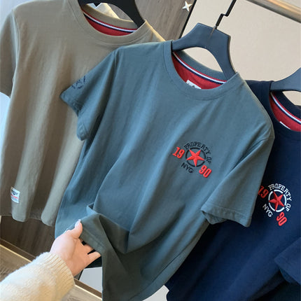Us Orders! Brushed Long-Staple Cotton! Summer Men's Versatile Casual Short-Sleeve T-Shirt with Five-Pointed Star Embroidery, Breathable