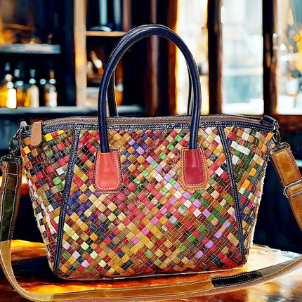 European and American Trendy Women's Bags, Colorful Cowhide Leather, Fashionable and Versatile Woven Shoulder Tote, Genuine Leather Crossbody Bag, Large Capacity, Retro