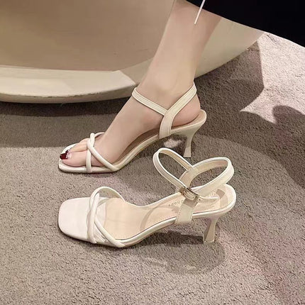 2025 New Summer Style Thin Strap Square Toe Sandals, Versatile High Heels, Western Style Korean Style with Skirt, Light Luxury Women's Shoes