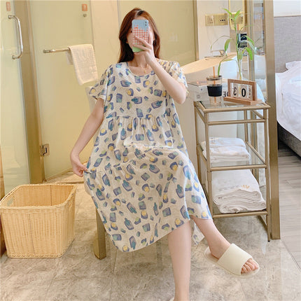 Cotton Silk Nightgown for Women, Summer Thin Short-Sleeved Printed Large Size Nightgown, Pregnant Women Can Wear It Outside, Cool Rayon Home Clothes