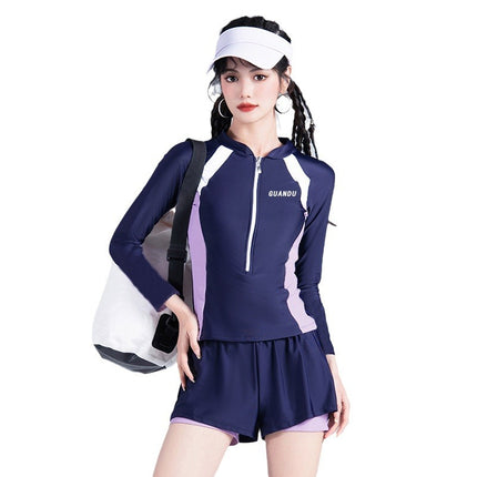 2026 New Style Women's Long-Sleeved Conservative Slimming Tummy-Covering Sports Training Swimsuit for Sweet Girls, Hot Spring Girls, and Students