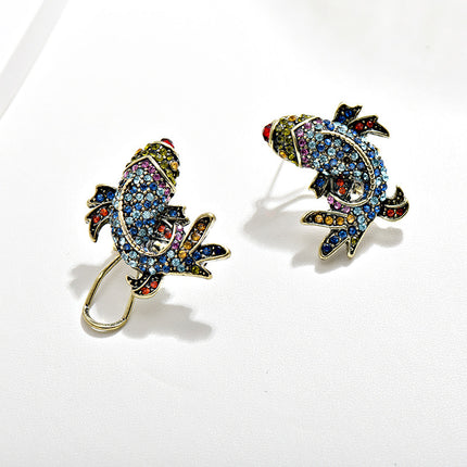 Cross-Border Medieval Vintage Koi Full Diamond Earring Clip French Retro S925 Silver Needle Marking Hd Goldfish Earrings