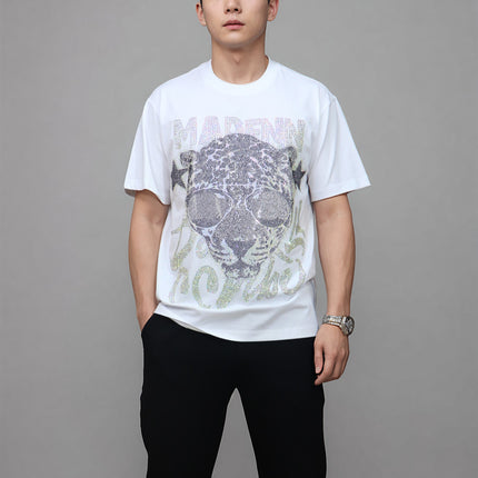 26 New Rhinestone Letter Leopard Head Personalized Cool Street Style Loose Unisex Short-Sleeve T-Shirt Plus Size Stylish