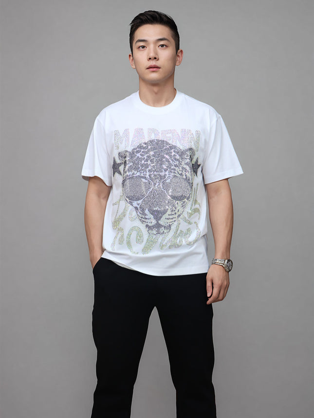 26 New Rhinestone Letter Leopard Head Personalized Cool Street Style Loose Unisex Short-Sleeve T-Shirt Plus Size Stylish
