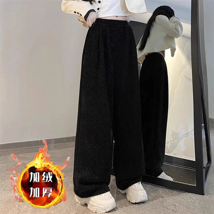 Chenille Twill Wide Leg Pants Women's Autumn and Winter 2024 New Dose Lazy Relaxation Loose fleece-lined Casual Pants