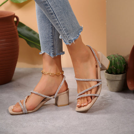 Foreign trade sandals women's 2025 new plus size high heel women's shoes fashion thick heel square head rhinestone two wear women's sandals