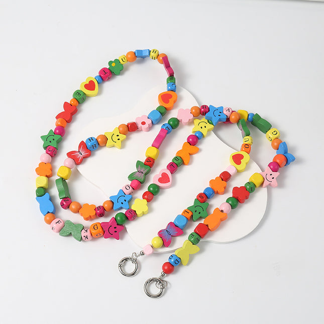 Wooden Bead Crossbody Chain DIY Phone Case Chain Crossbody Beaded Heart Plum Blossom Butterfly Smiley Face DIY Creative
