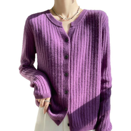 Korean-style Round V-neck Pit-strip Cardigan Women's Knitted Sweater Top Long-sleeved Solid Color Jacket Spring/Autumn/Winter Women's Knitted Jacket