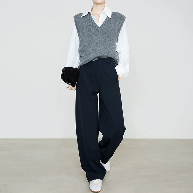 Casual Extended Version Tencel Wool Suit Pants for Women 2025 Autumn New Slimming Look Draped Work Clothing Navy Blue Straight Pants