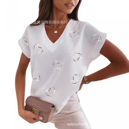 2023 New Hot Independent Station Loose V-neck Love Printed Short Sleeve T-Shirt for Women