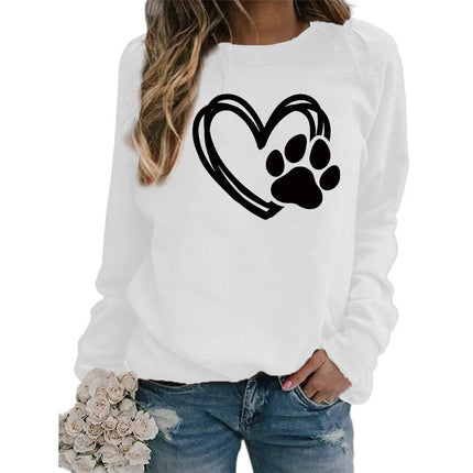 Cross-border Foreign Trade Supply Dog Feet Love Printed Round Neck Jacket Women's Long Sleeve European Size plus size Loose