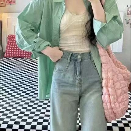 2025 Spring New Small Fresh Lake Green Cotton Long-sleeved Shirt Women's Loose All-match Slimming Shirt Cardigan Summer