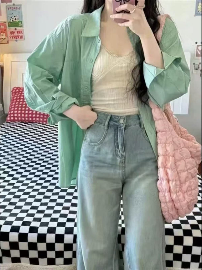 2025 Spring New Small Fresh Lake Green Cotton Long-sleeved Shirt Women's Loose All-match Slimming Shirt Cardigan Summer