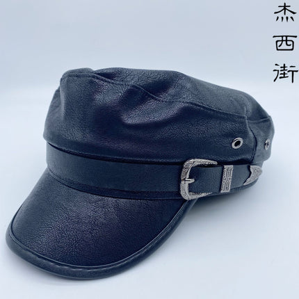 Y2K Spice Girl PU Leather Flat Top Beret Women's All-match Retro British Style Black Navy Hat for Face