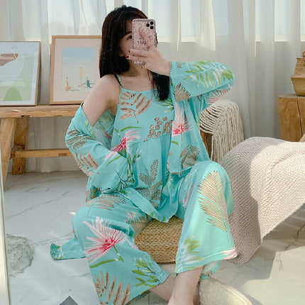 Foreign trade cross-border three-piece flower fresh sweet pajamas women's suspenders pants pajamas loose home clothes suit factory