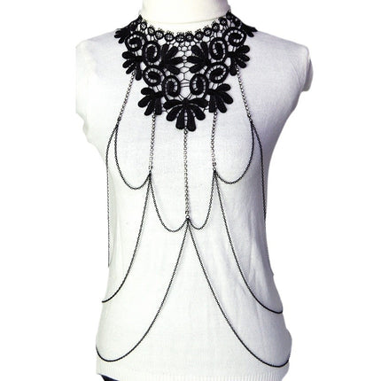 Meimei body chain jewelry black lace multi-layer diamond chain tassel necklace body chain