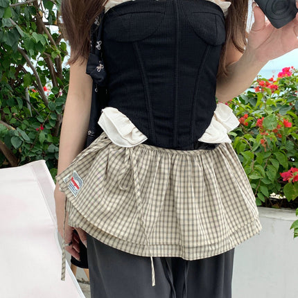 2025 Spring New Blue Plaid Lace-up Fart Curtain Women's Korean-style Retro All-match One-piece Decorative Half-length Skirt