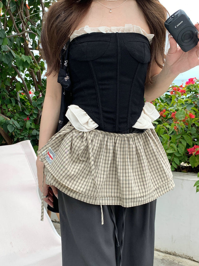 2025 Spring New Blue Plaid Lace-up Fart Curtain Women's Korean-style Retro All-match One-piece Decorative Half-length Skirt