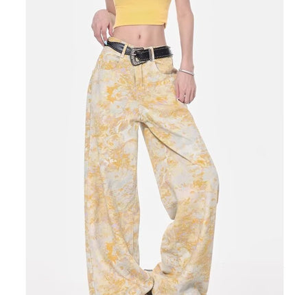 Summer Tie-Dye Printed Light Blue Wide-Leg Jeans for Women 2025 New High-Waisted Drapey Straight-Leg Petite Floor-Length Pants