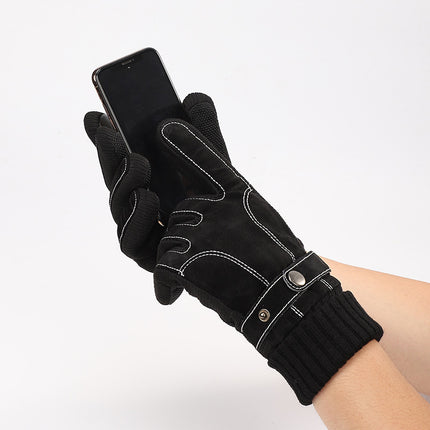 Outdoor Gloves Pigskin Gloves Men's Autumn and Winter Fleece-Lined Thickened Warm Gloves Windproof Cycling Touch Screen Gloves