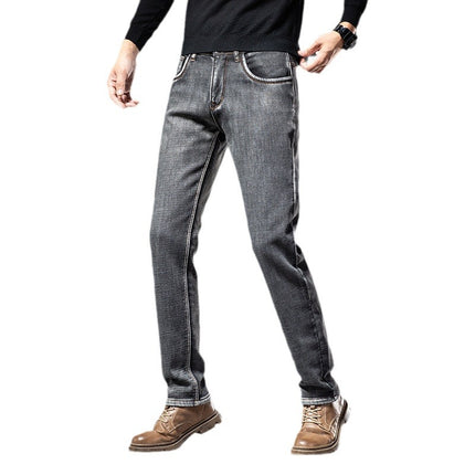 Fleece-Lined Smoke Gray Men's Jeans 2025 New Winter Thickened Warm Cold-Resistant Straight Loose Long Pants
