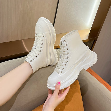 Canvas Shoes for Women 2025 New Spring and Summer White Platform Thick-Soled Half-Slip Versatile High-Top Dad Shoes Mcqueen