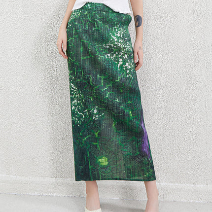 Miyake Summer High-Waisted Green Printed Long Skirt New Fashion High-Waisted Slimming Look Slit Half-Length Hip-Hugging Straight Skirt