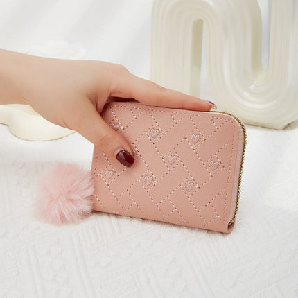 Daifa Korean Style Simple Clutch Bag 2024 Zipper Fur Ball Short Mini Solid Color Love Embroidered Throw Women's Wallet