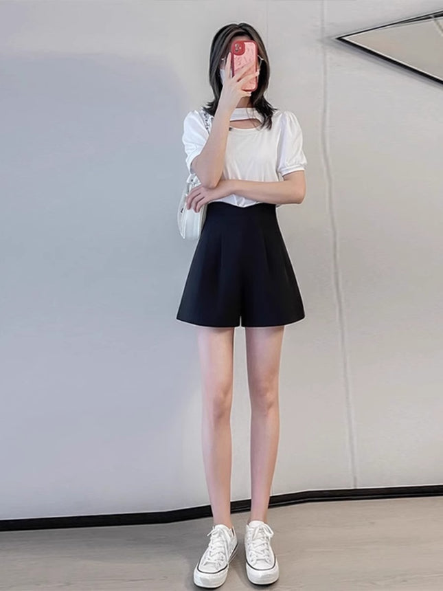 Shorts Women's Spring 2024 New High Waist Slimming Wide Leg Pants Black Casual Fashion All-match Suit A- shape Shorts