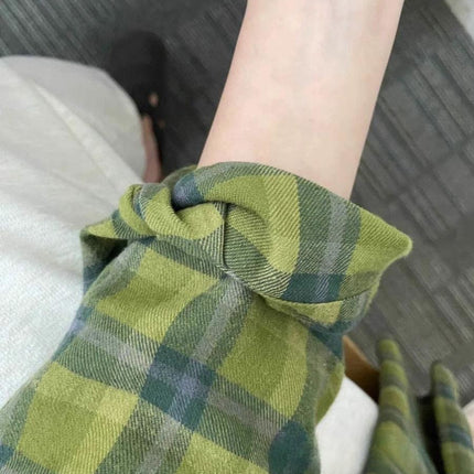 American Retro Green Plaid Shirt Women's 2025 Spring New Design Sense Niche Loose Long Sleeve Shirt Jacket