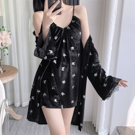 Pajamas for Women Winter New Gold Velvet Suspender Nightgown Nightgown Suit Spring & Fall Sexy Hot Silver Butterfly Home Clothes