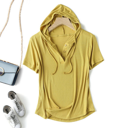 Modal thread short-sleeved hoodie T-shirt women's spring/summer plus size loose bottoming shirt slimming sun protection thin top