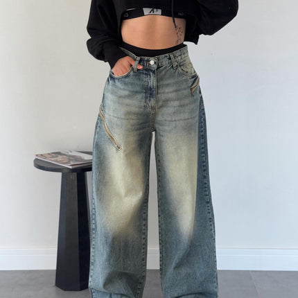 2025 Trendy Versatile New American Retro Street Style Loose Gradient Distressed Floor-Length Women's Jeans 8958