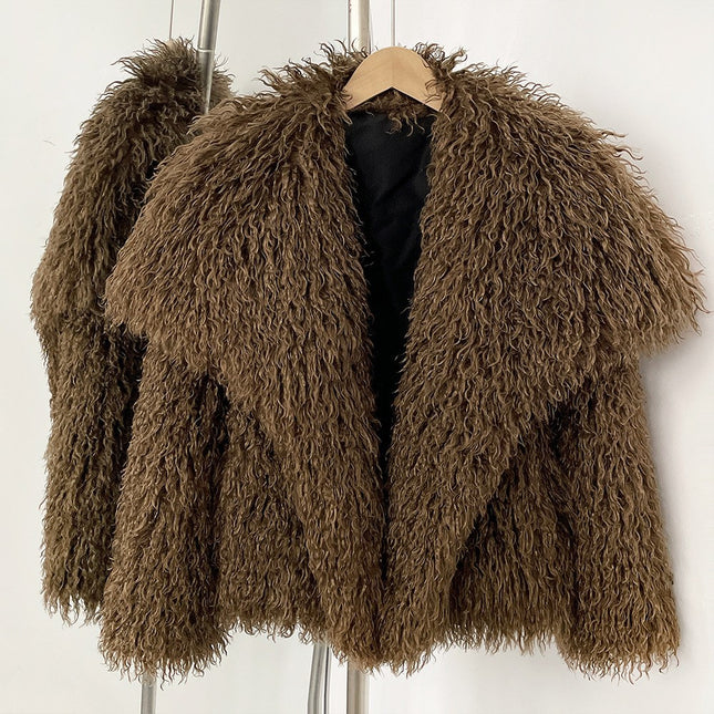 Cross-Border Aliexpress Women's Winter Short Large Lapel Faux Fur Imitation Beach Wool Fur Coat Women's Fur Coat