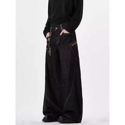 American Retro Silhouette Scimitar Jeans for Men and Women Street Design Couple Loose Straight Floor-Length Wide-Leg Pants