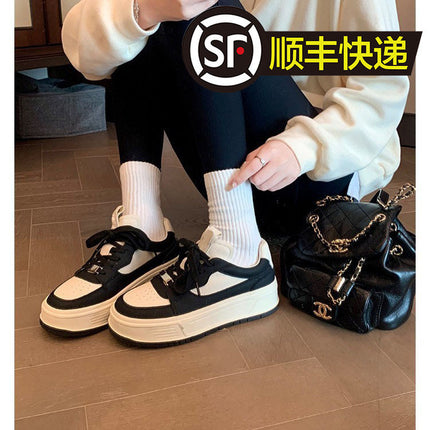 Cowhide ~ Genuine Leather White Shoes for Women, Round Toe, Color Matching Platform Shoes, Thick Soles, Heightening Casual Sports Shoes, Versatile Lace-Up Sneakers