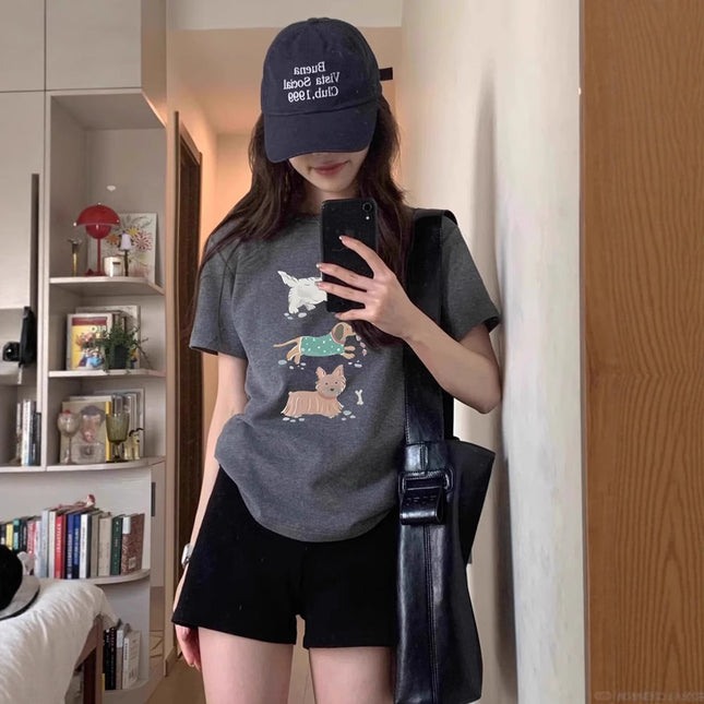 Internet Celebrity Cartoon Dog Print Pure Cotton Short-Sleeved T-Shirt for Women 2025 Summer New Style Right Shoulder Round Neck Sexy Top