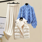 White vest + blue sweater + apricot wide-leg pants three-piece set / M recommendation 40-50kg