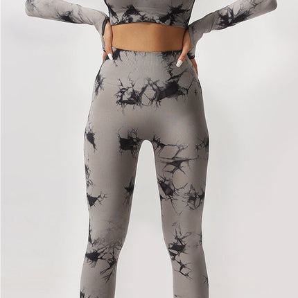 European and American Cross-border Seamless Tie-dyeing Fitness Sports Long Sleeve High Waist Peach Belly Tight Pants Yoga Sports suit