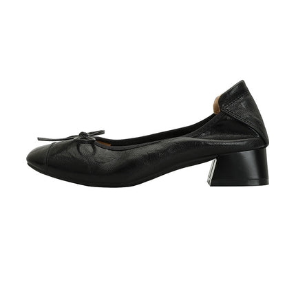Retro Soft Goatskin Bow Round-Toe Flats for Women, Spring & Fall Bean Shoes, Ballet Thick Heels, Medium Heels, Soft-Soled Granny Shoes