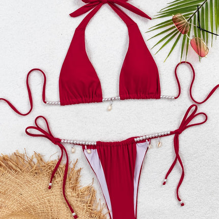Europe and the United States cross-border split two-piece women's sexy red with pearl jewelry suit swimsuit swimsuit 2025 new