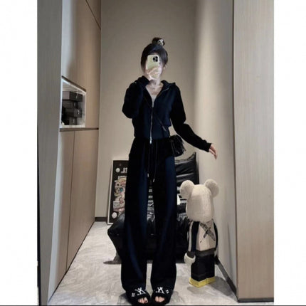 2024 autumn and winter fleece-lined sports leisure suit zipper hooded vests wide leg casual pants Joker slim casual