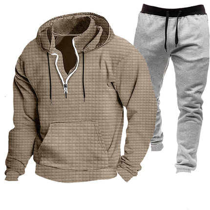 European and American Cross-Border Long-Sleeved Waffle Top Aliexpress Solid Color Drawstring Pocket Hoodie Sweatshirt and Sweatpants Set