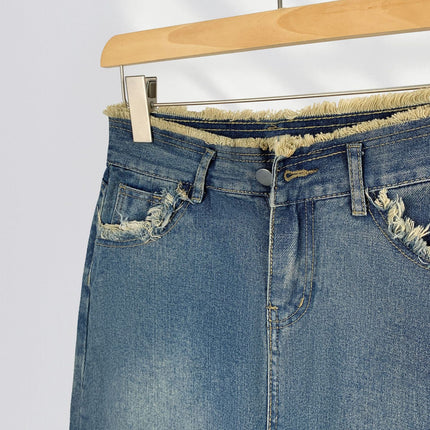 Pear-shaped figure recommend Korean style new retro frayed Denim skirt women's high waist mid-length A- line skirt small
