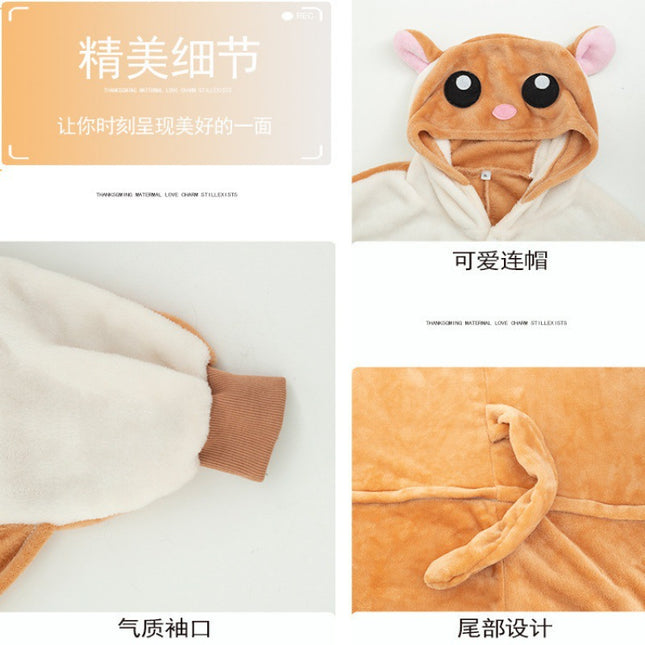Mixed Autumn and Winter Toilet-Themed Animal Cartoon One-Piece Pajamas, Flying Squirrel Home Performance Warm Clothing, Couple Style