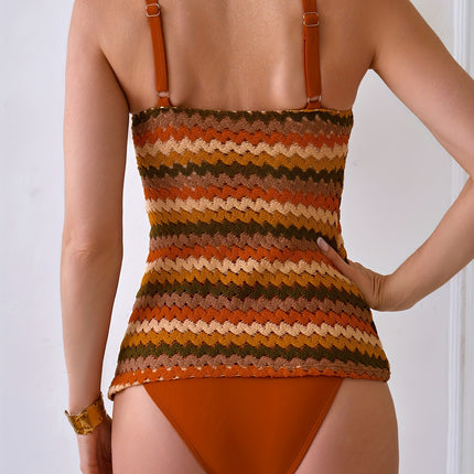 Cross-Border New Hot-Selling Knitted Colorful Striped Holiday Style Sexy Hot Girl Halterneck Vest Split High-End Swimwear