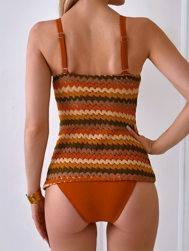 Cross-Border New Hot-Selling Knitted Colorful Striped Holiday Style Sexy Hot Girl Halterneck Vest Split High-End Swimwear
